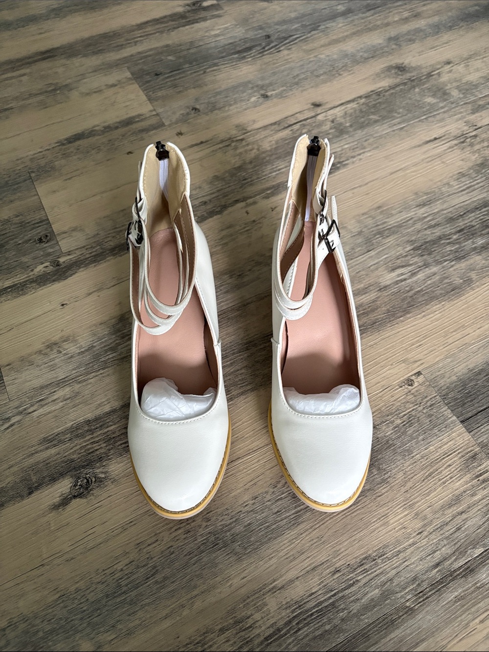 Women’s White Ankle-Strap Round-Toe Heels